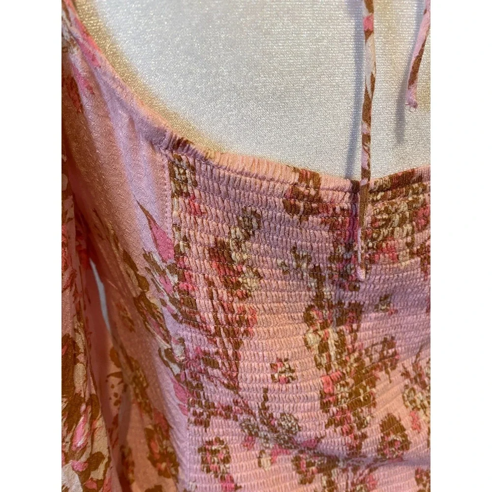 Free People Hilary Floral Top Pink Sz M Smocked Feminine Babydoll Coquette